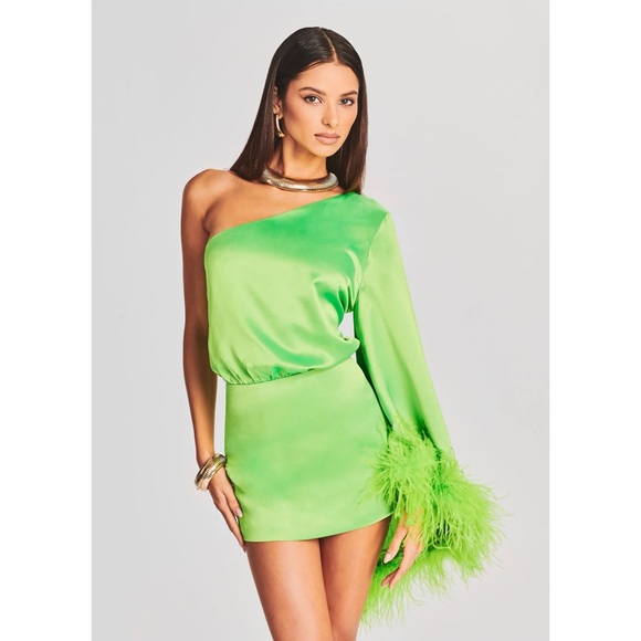 Retrofete Green Lime Punch Allegra Ostrich Feather One Shoulder Mini Dress - Picture 1 of 16